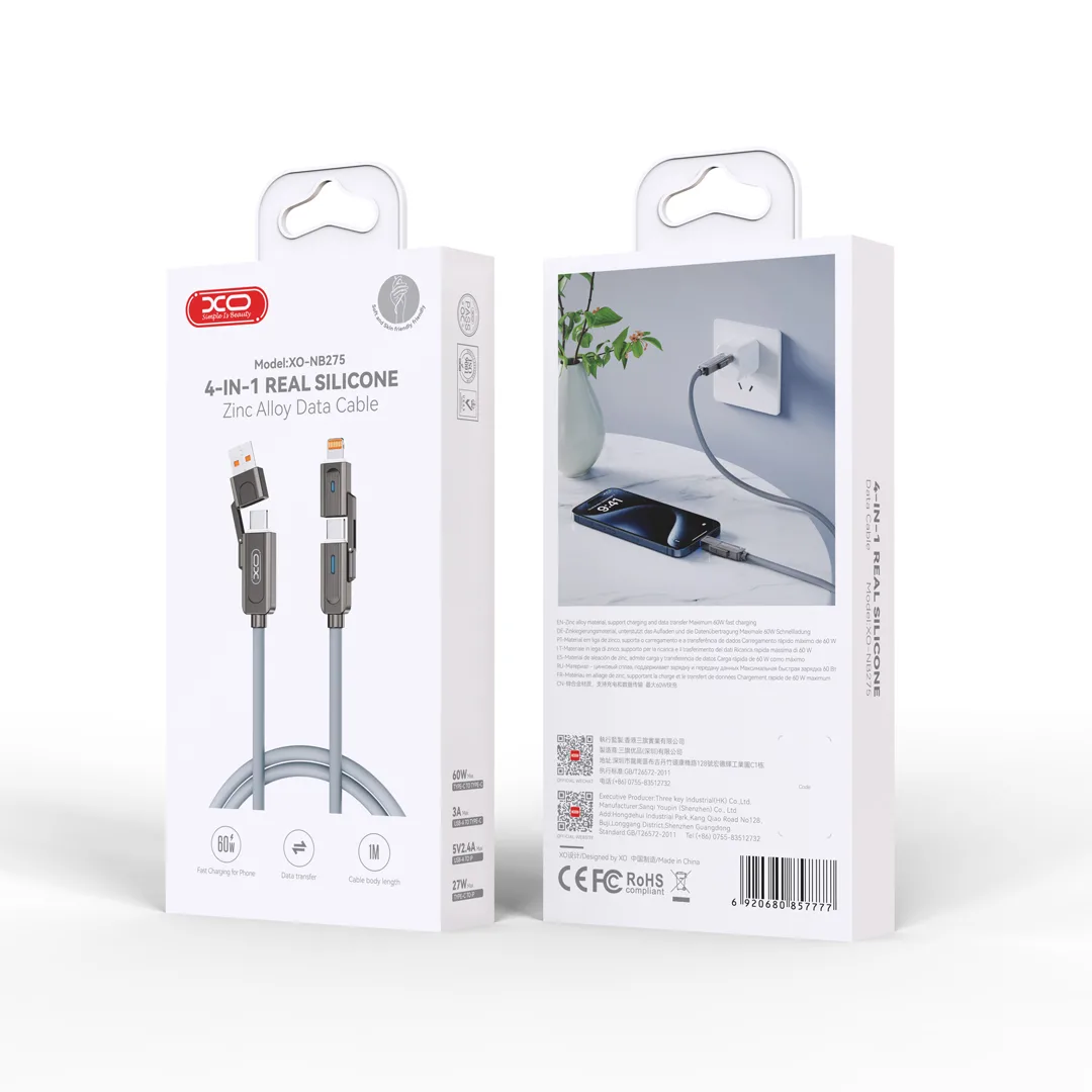 XO-kabel NB275 4-i-1 USB-C – Lightning + USB – USB-C 60W 1,0m grå