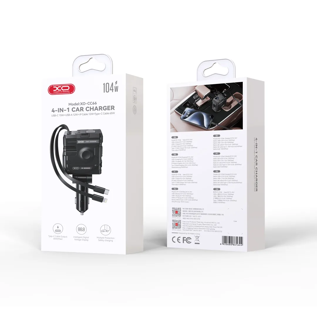 XO bil-laddare CC66 104W 1x USB 1x USB-C svart med USB-C-kabel och Lightning-kabel