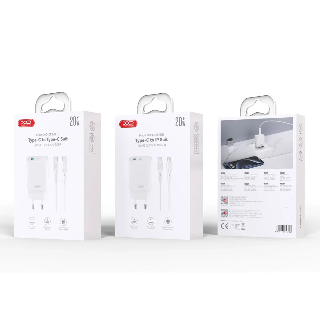 XO wall charger CE29 PD 20W 1x USB-C 1x USB white + cable USB-C – USB-C