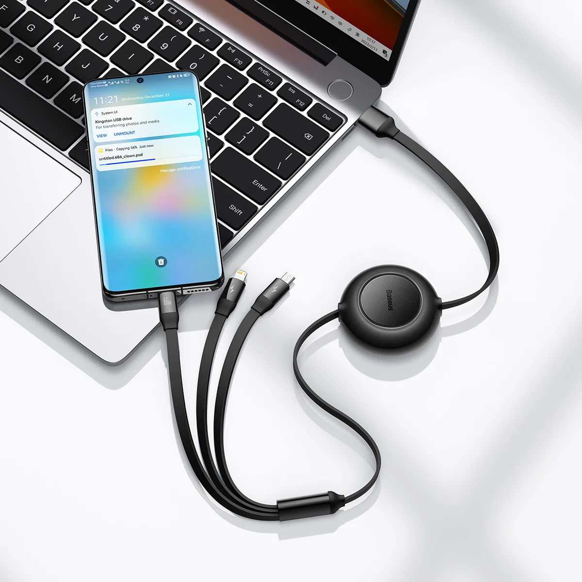 Baseus sladd Bright Mirror 2 3-i-1 USB – micro USB + Lightning + USB-C 1,1 m 66W svart upprullbar