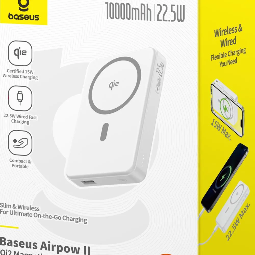Baseus Airpow Qi2 Magnetisk Power Bank 10000mAh 22,5W med kabel månvit