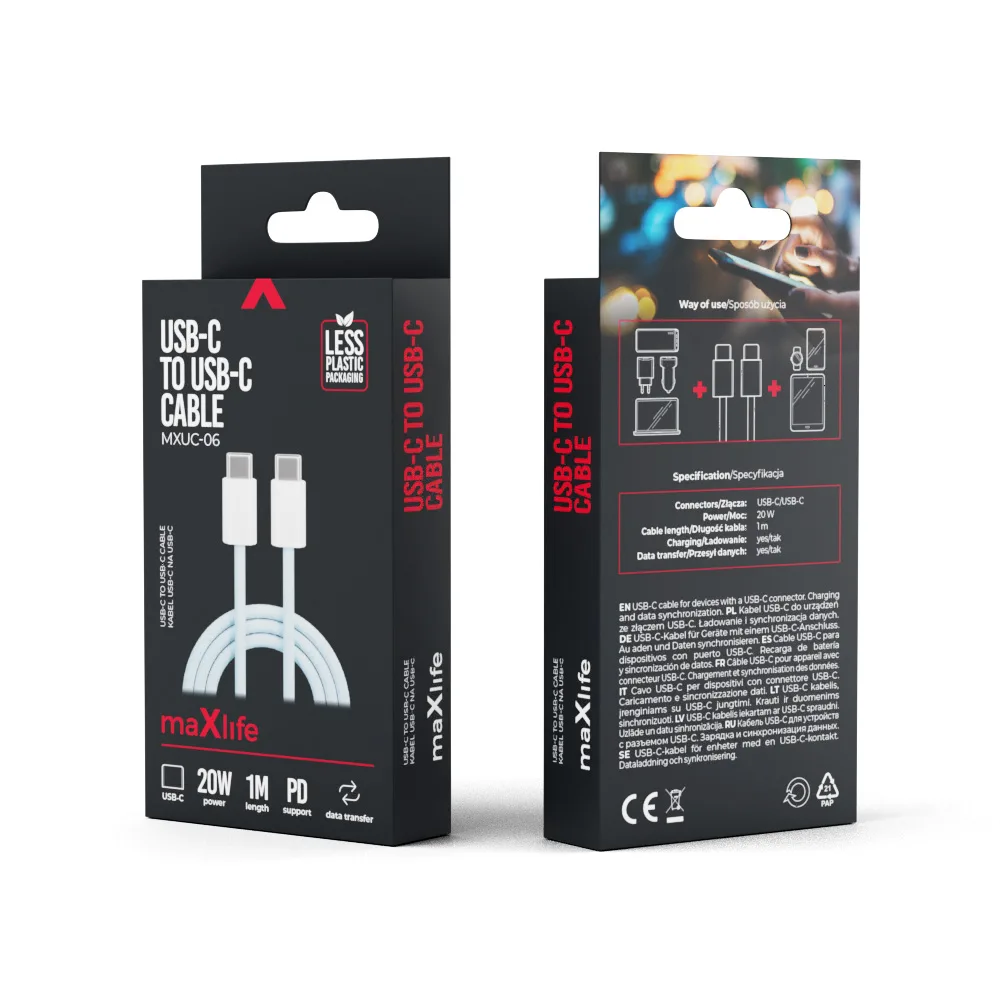 Maxlife MXUC-06 cable USB-C – USB-C 1,0 m 20W blue nylon