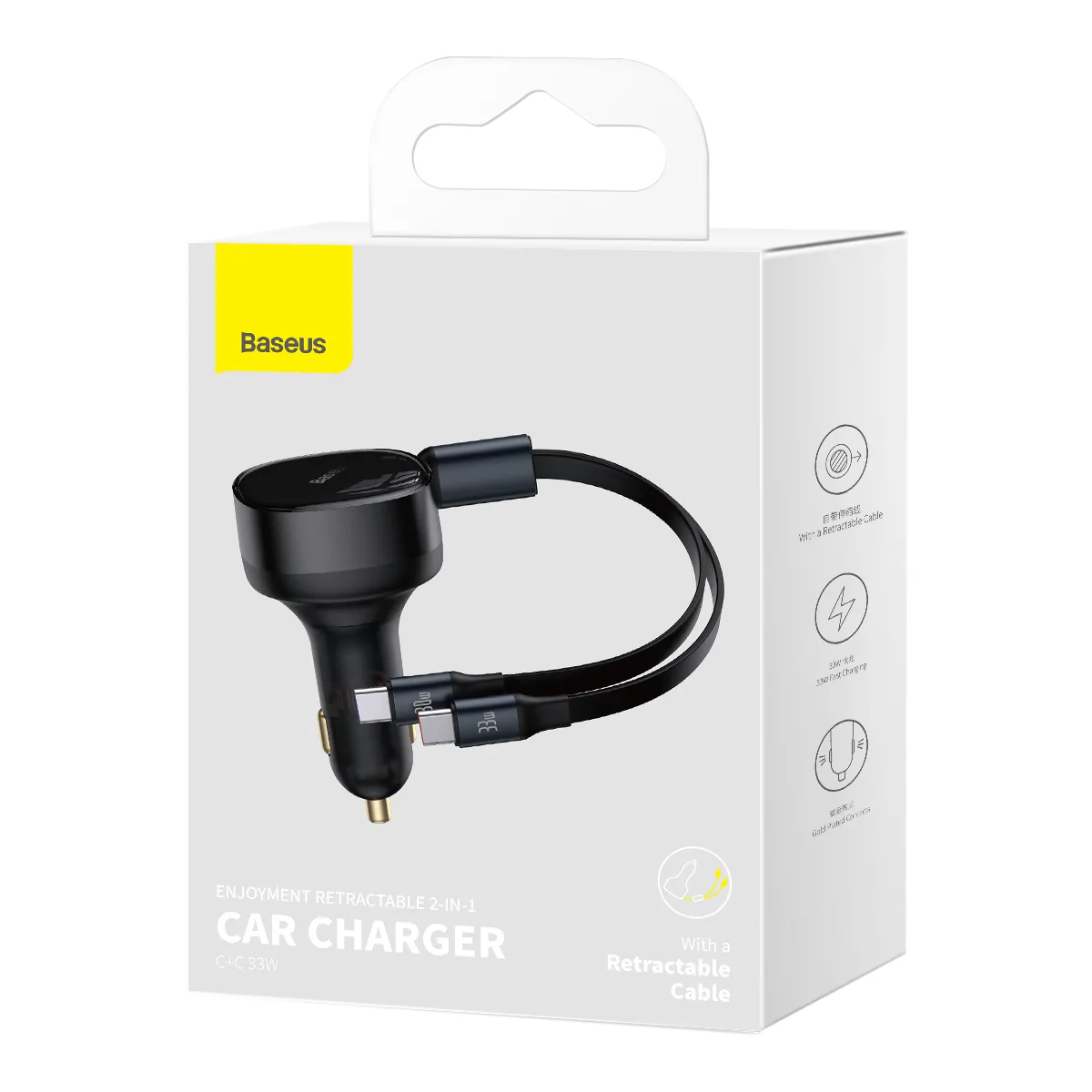 Baseus bil-laddare Enjoyment Retractable 2w1 30W svart med kabel 2x USB-C