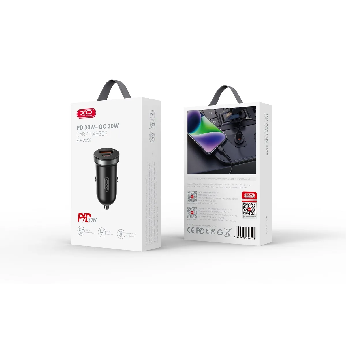 XO bil-laddare CC56 PD 30W QC 1x USB 1x USB-C svart