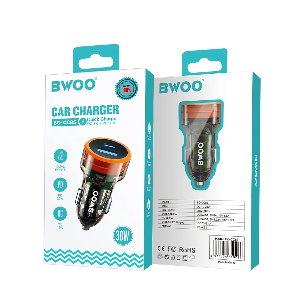 BWOO PD car charger 1x USB-C – USB-A port 38W transparent