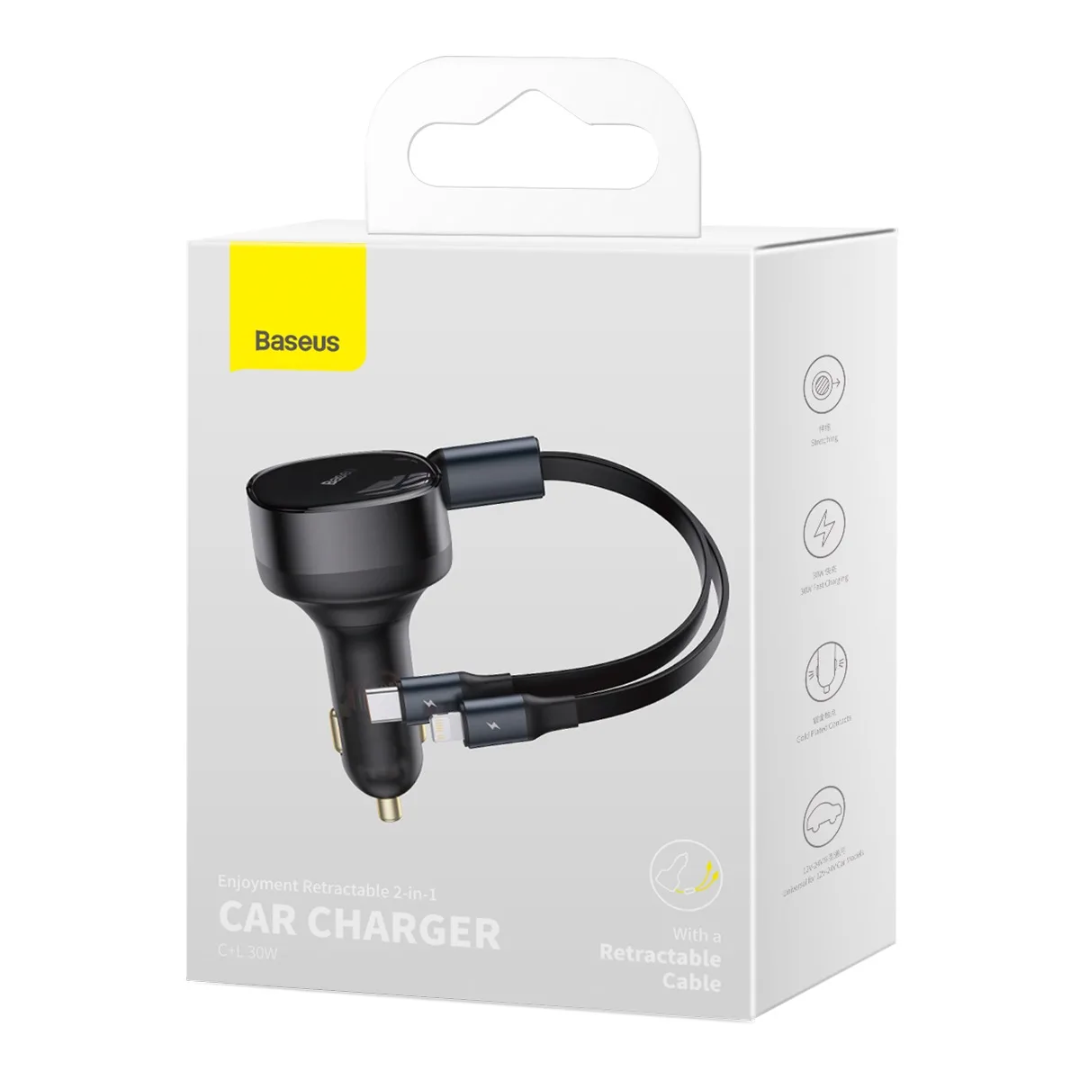 Baseus biladapter Enjoyment Retractable 2w1 30W svart med kabel 1x USB-C 1x Lightning