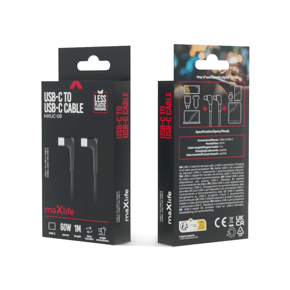 Maxlife MXUC-09 angle cable USB-C – USB-C 1,0 m 60W black