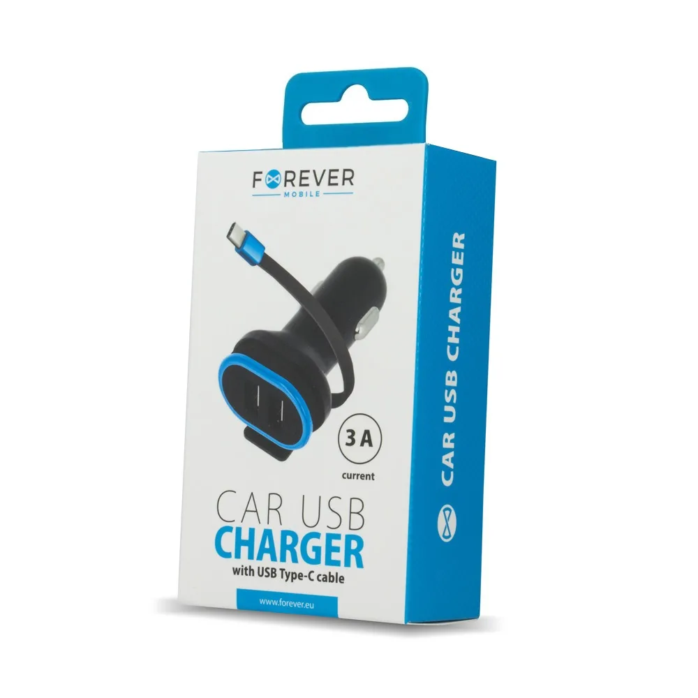 Forever CC-02 bilopladdare 2x USB 3A svart med USB-C-kabel 0,2 m