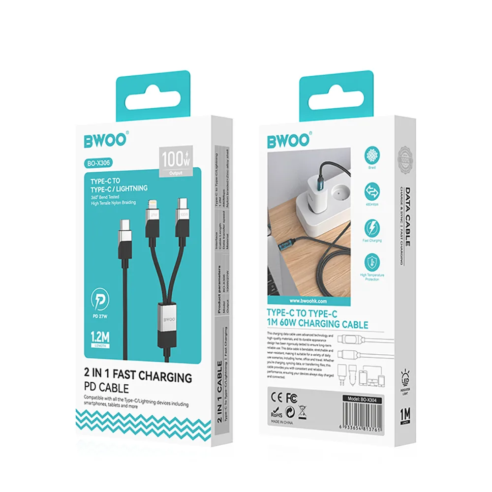 BWOO FLÄTAD 2-i-1 Kabel USB-C – USB-C och Lightning 1m 100W/27W svart