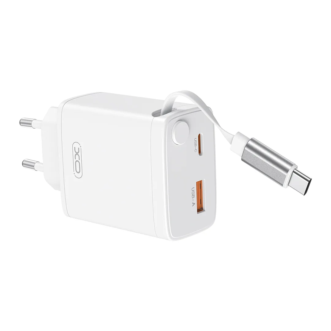 XO-väggladdare CE31 1x USB 1x USB-C 30W vit med utdragbar USB-C-kabel