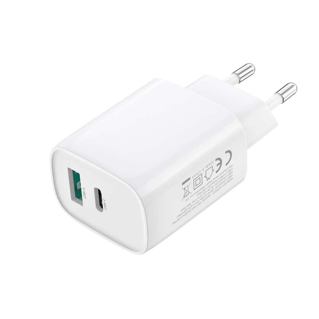 XO wall charger CE29 PD 20W 1x USB-C 1x USB white + cable USB-C – Lightning