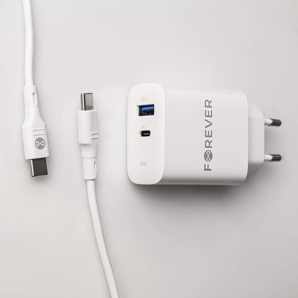 Forever TC-07-30AC PD QC charger 1x USB-C 1x USB 30W white + USB-C – USB-C cable 60W