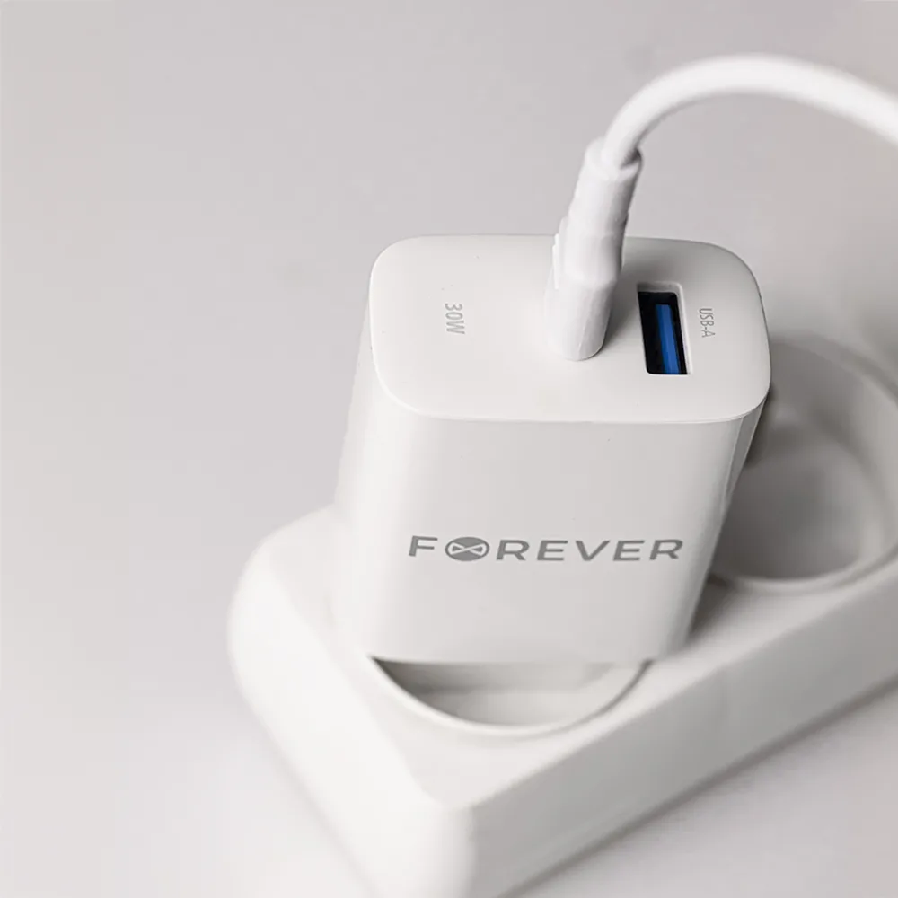 Forever TC-07-30AC PD QC charger 1x USB-C 1x USB 30W white + USB-C – USB-C cable 60W