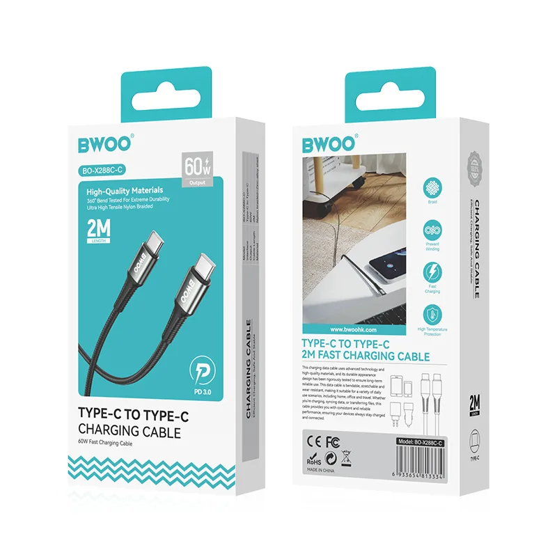 BWOO Flettad USB-C-kabel – USB-C 3m 60W svart