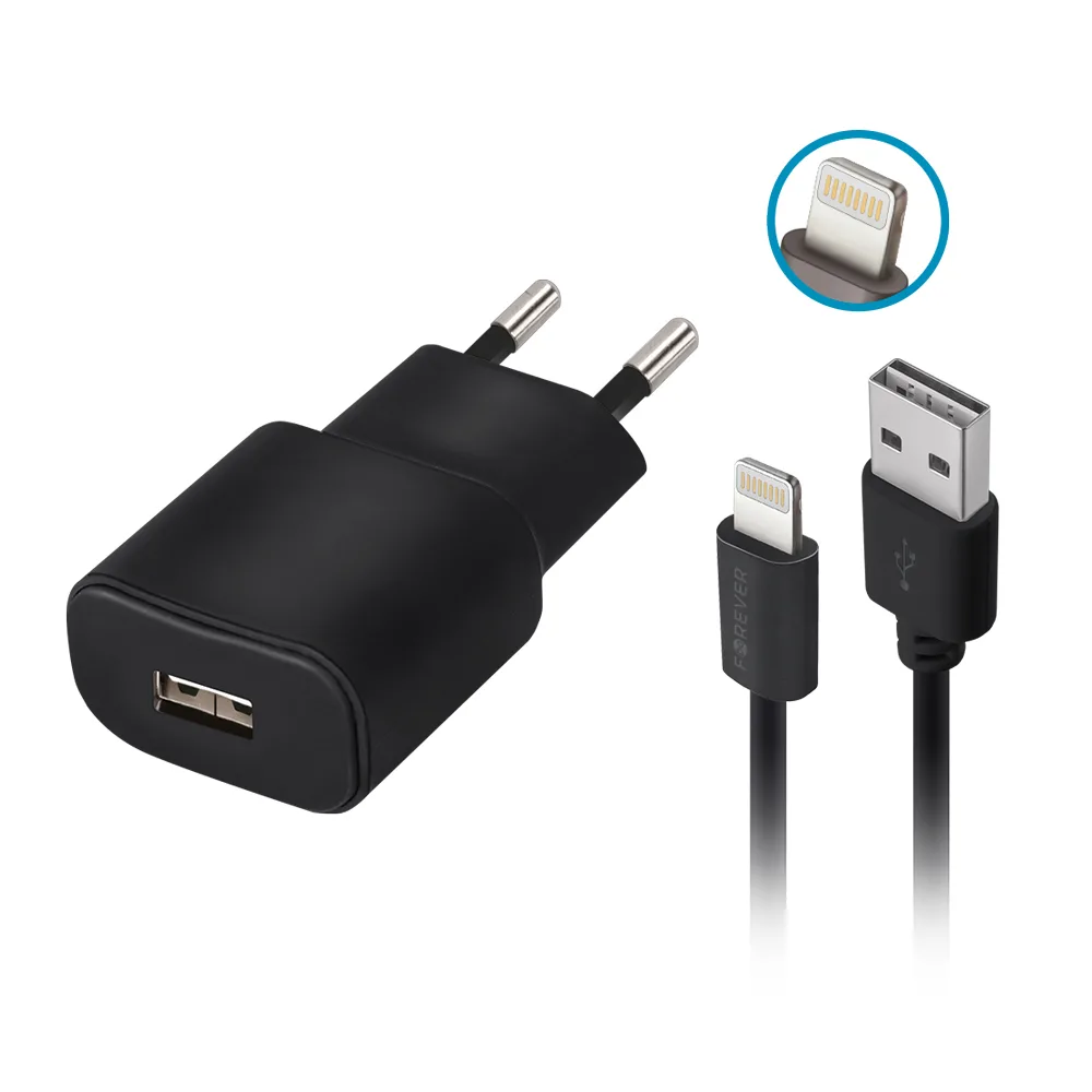 Forever TC-01 laddare 1x USB 2A svart + Lightning-kabel