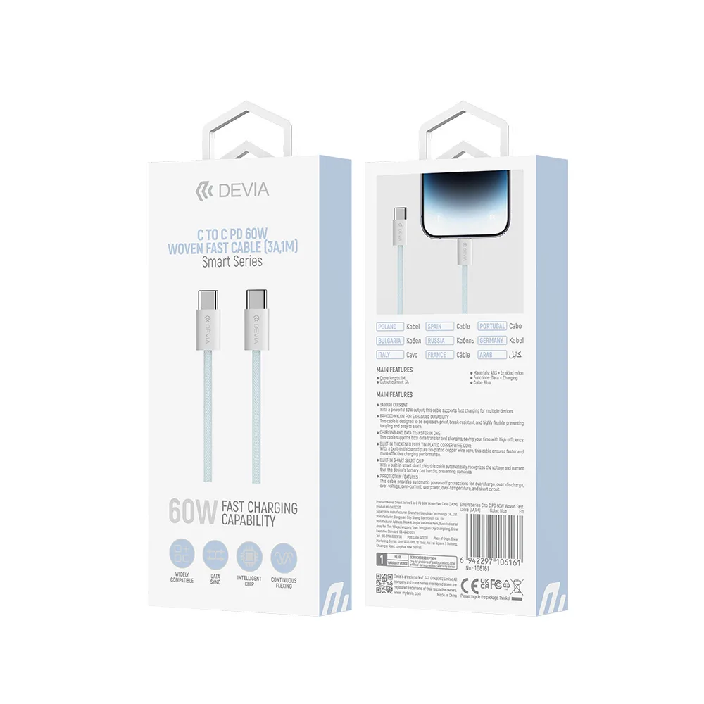 Devia cable Smart EC325 PD USB-C – USB-C 1,0 m 60W 3A blue