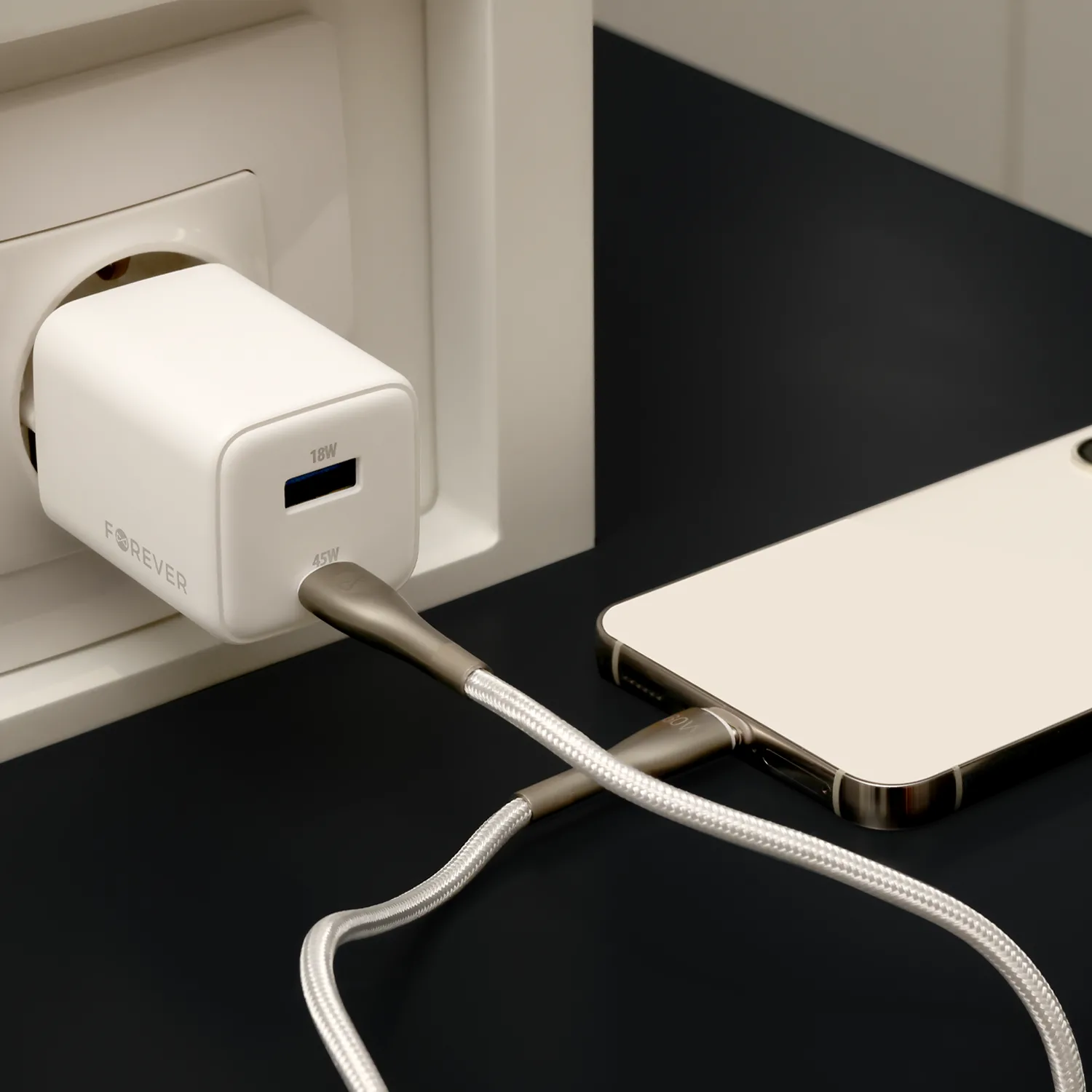Forever TC-08-45AC GaN PD QC charger 1x USB-C 1x USB 45W white