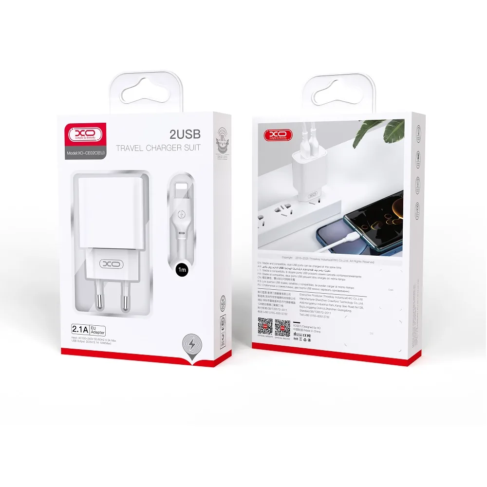 XO väggladdare CE02C 2x USB 2,1A vit + microUSB-kabel
