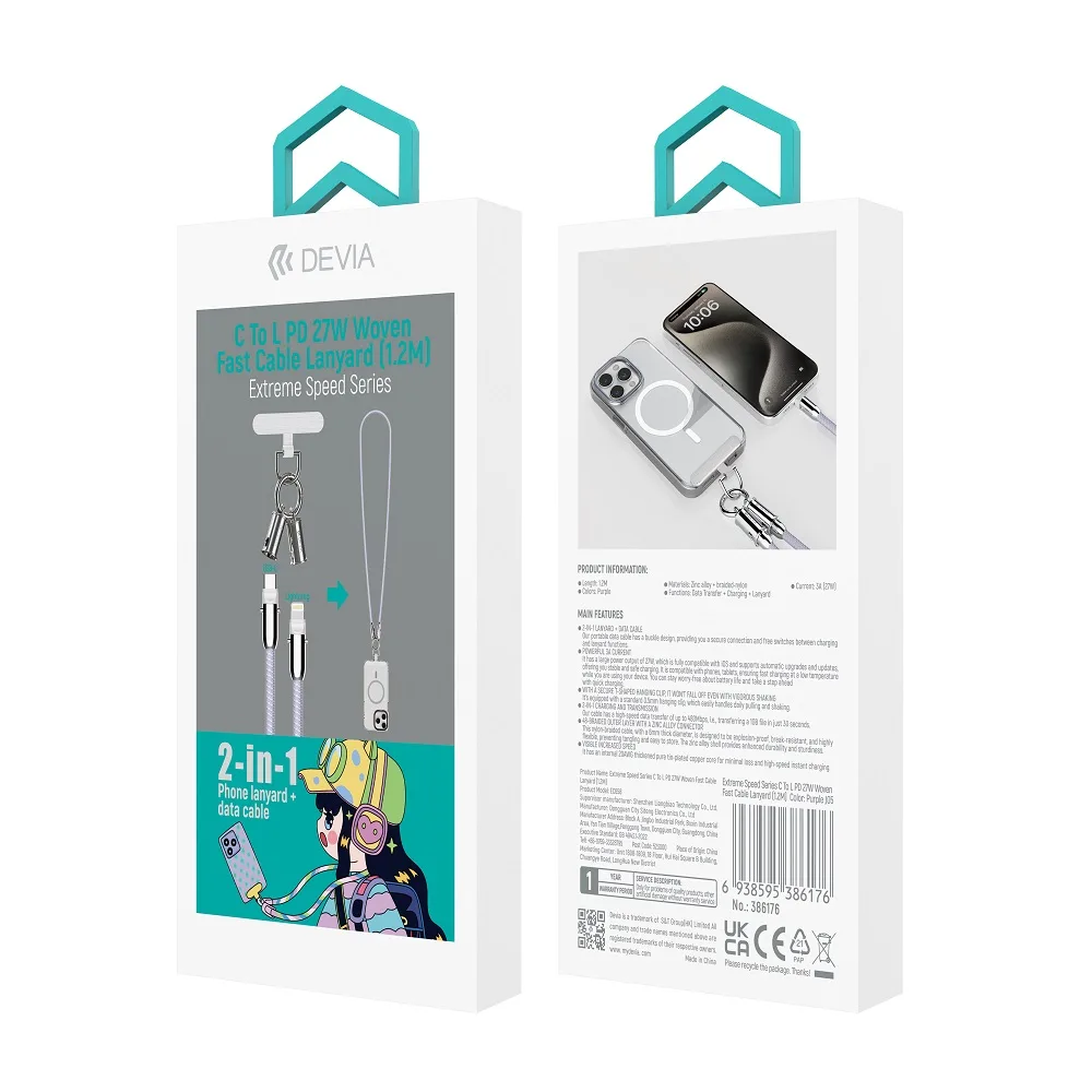 Devia sladdlanyard 2-i-1 PD USB-C – Lightning 1,2 m 27W lila