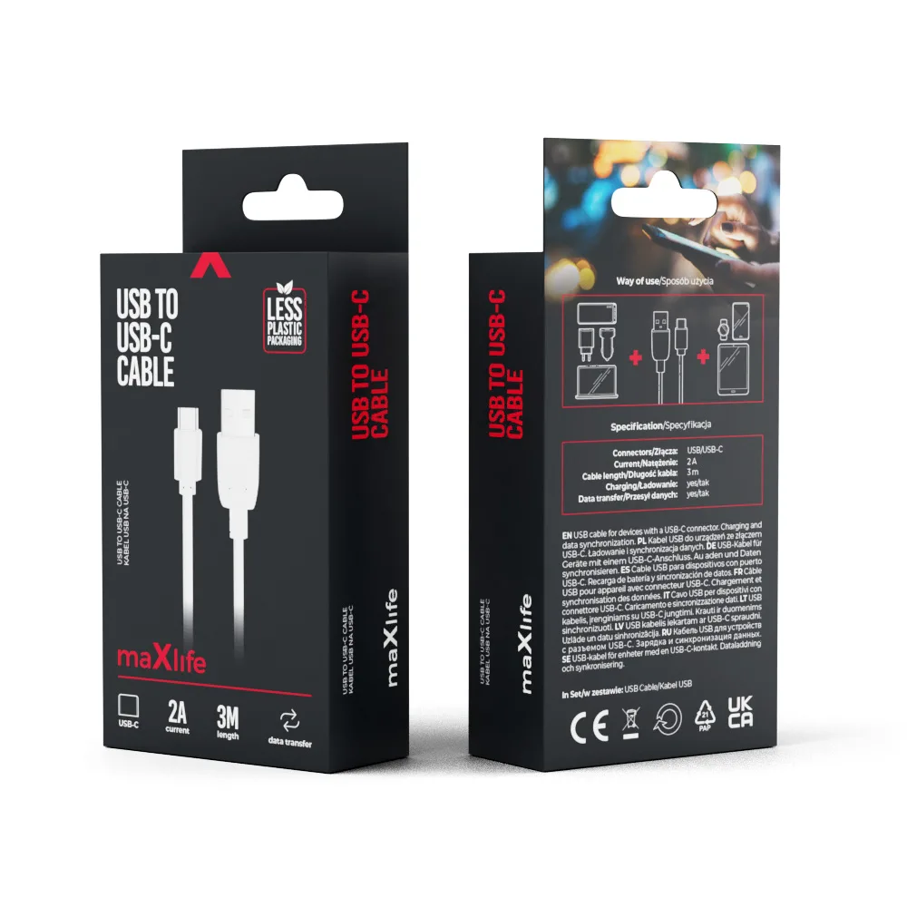 Maxlife cable USB – USB-C 3,0 m 2A white