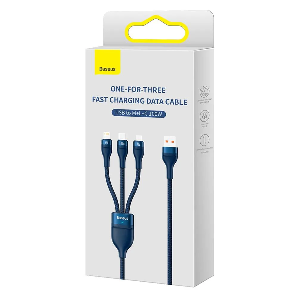 Baseus sladd 3in1 Flash II USB – micro USB + Lightning + USB-C 1,2 m 3,5A blå 66W