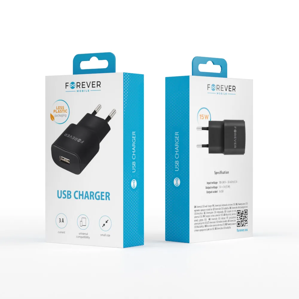 Forever TC-01 laddare 1x USB 3A svart