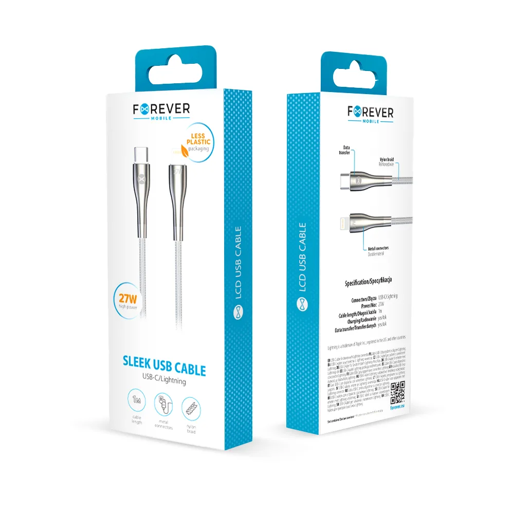 Forever Sleek cable USB-C – Lightning 1,0 m 27W white