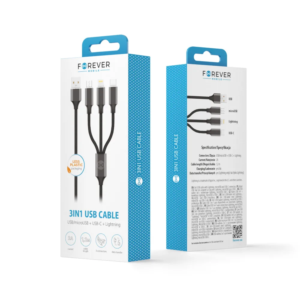 Forever 3in1 cable USB – Lightning + USB-C + microUSB 1,2 m 2A black