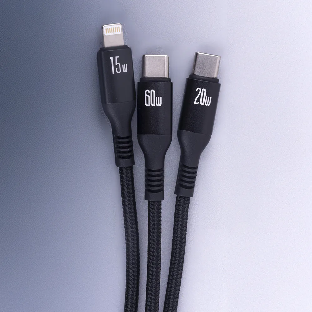 Forever 3in1-kabel USB-C – Lightning + 2x USB-C 1,2 m 60W svart