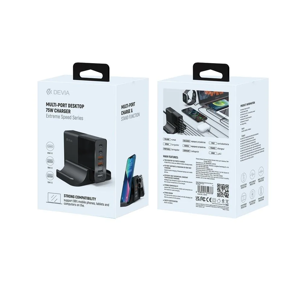 Devia wall charger Extreme PD QC 3.0 75W 2x USB-C 4x USB svart