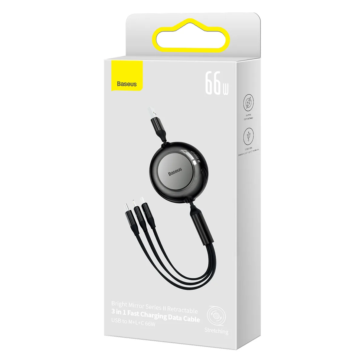 Baseus sladd Bright Mirror 2 3-i-1 USB – micro USB + Lightning + USB-C 1,1 m 66W svart upprullbar