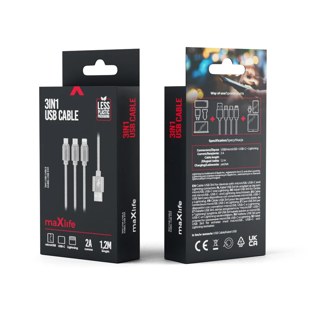 Maxlife 3in1 cable USB – Lightning + USB-C + microUSB 1,0 m 2,1A grey nylon
