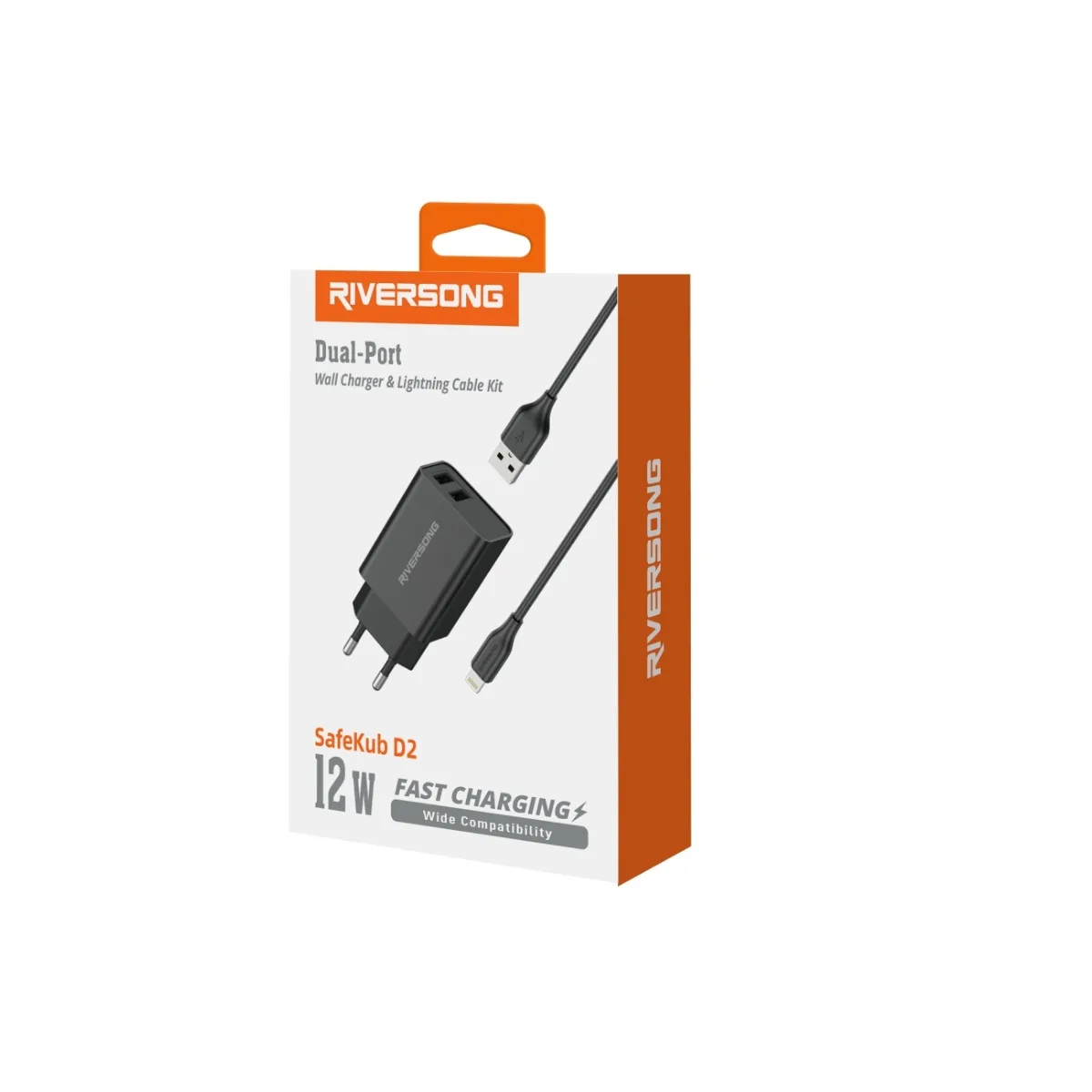 Riversong väggladdare SafeKub D2 2x USB 12W svart + kabel USB – Lightning AD29 + CL85