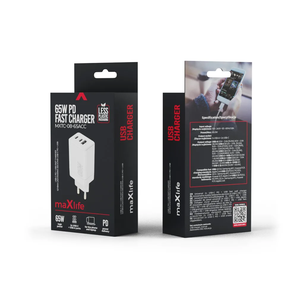 Maxlife MXTC-08-65ACC PD QC charger 2x USB-C 1x USB 65W white