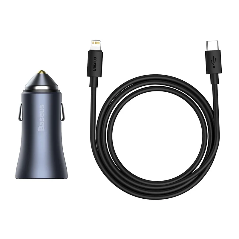 Baseus car charger Golden Contactor Pro 1x USB 1x USB-C QC 40W black + cable Lightning – USB-C
