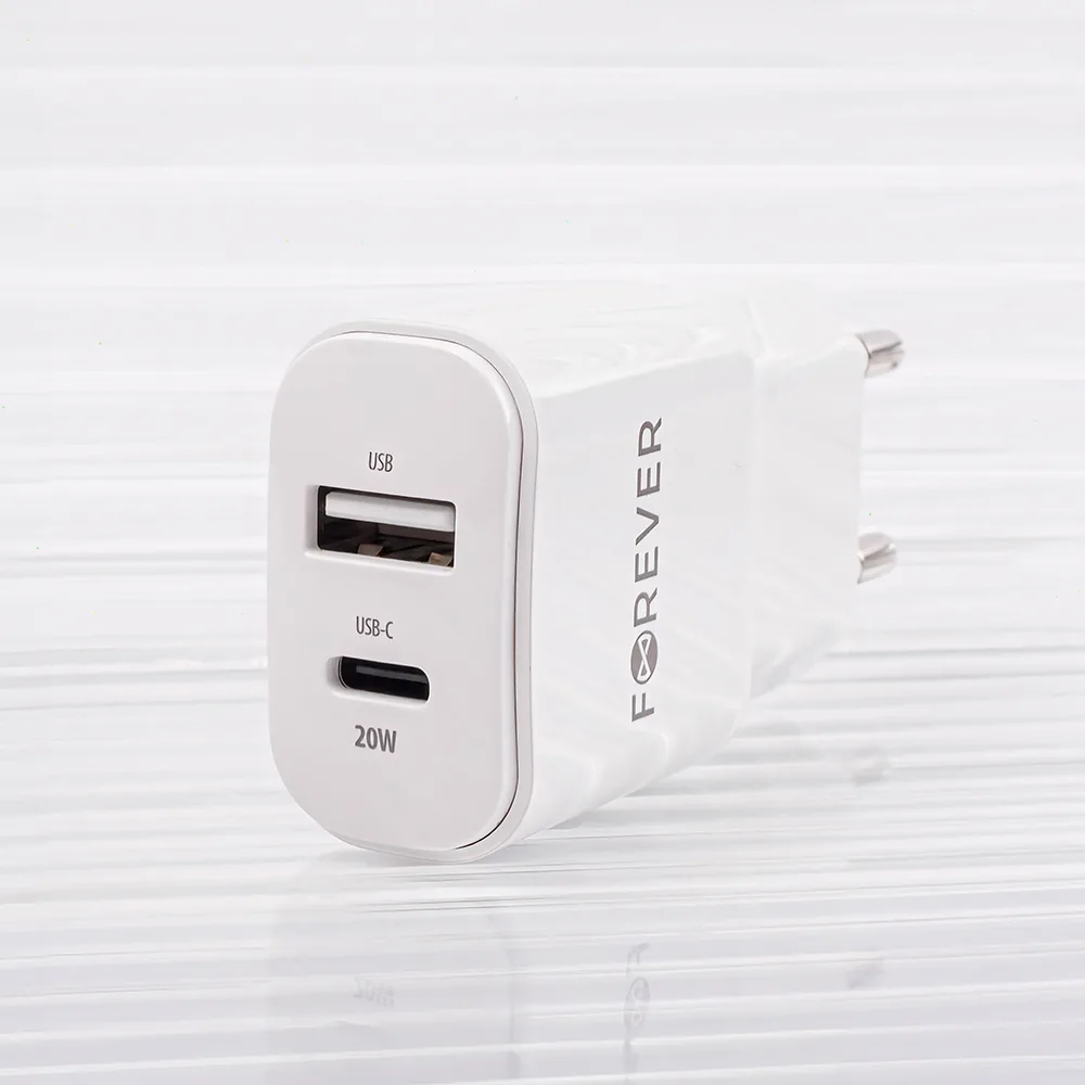 För alltid TC-01-20AC PD QC-laddare 1x USB-C 1x USB 20W vit + USB-C – Lightning-kabel 20W