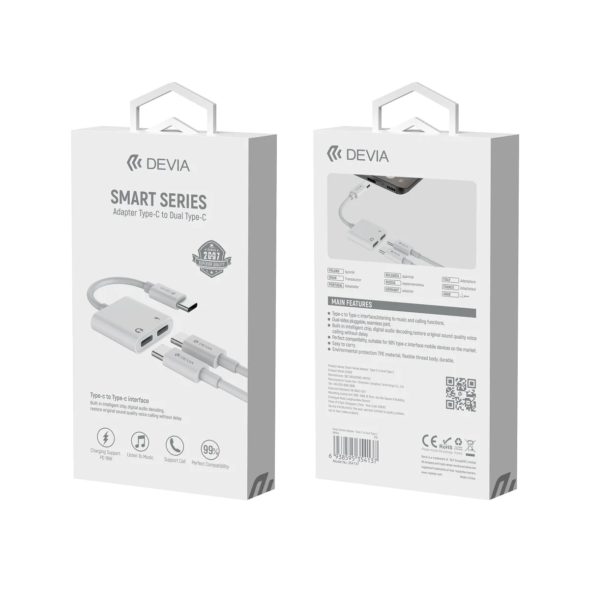 Devia adapter EC609 USB-C – USB-C (port) + USB-C (port) vit