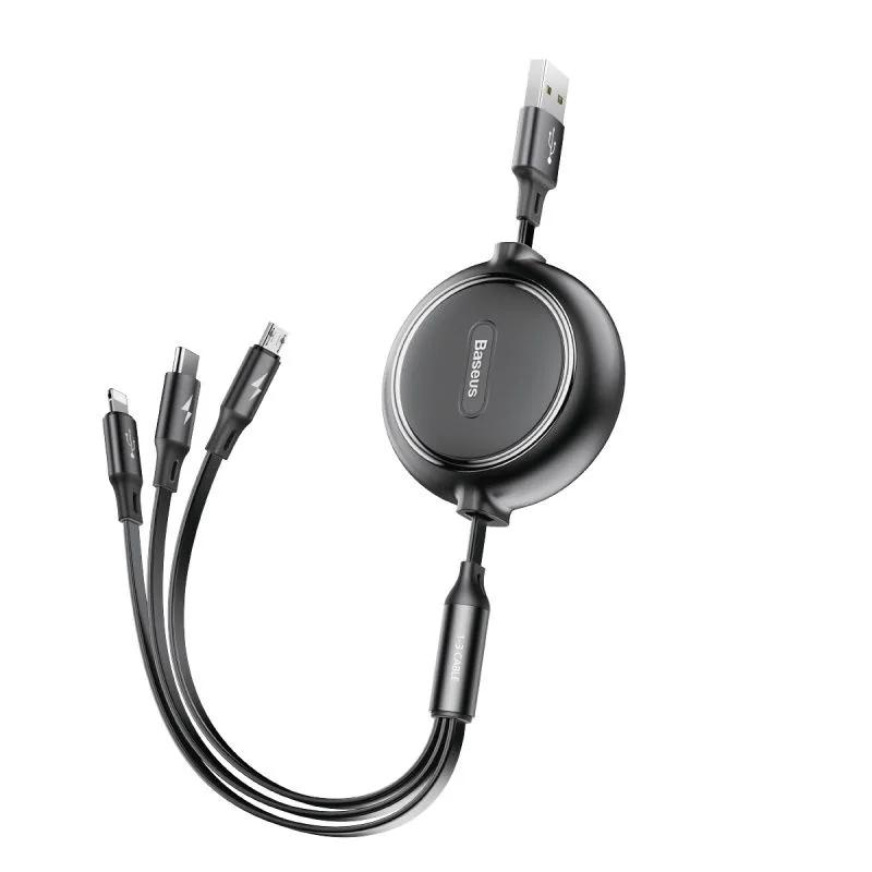 Baseus sladd 3-i-1 Golden Loop uppdragbar USB – micro USB + Lightning + USB-C 1,2 m 3,5A svart