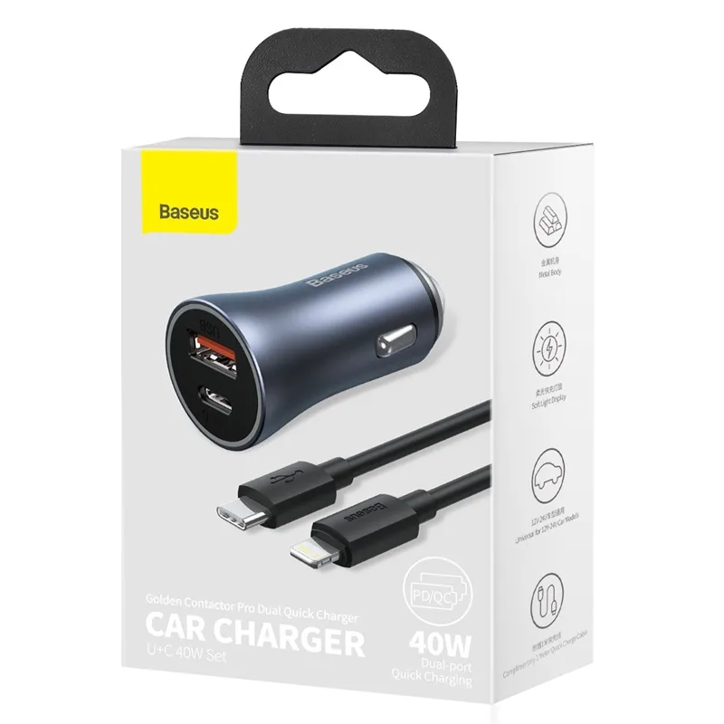 Baseus car charger Golden Contactor Pro 1x USB 1x USB-C QC 40W black + cable Lightning – USB-C
