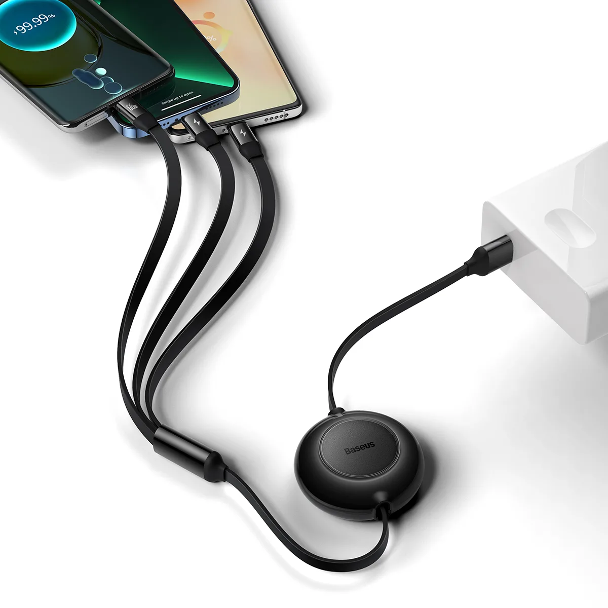 Baseus sladd Bright Mirror 2 3-i-1 USB – micro USB + Lightning + USB-C 1,1 m 66W svart upprullbar