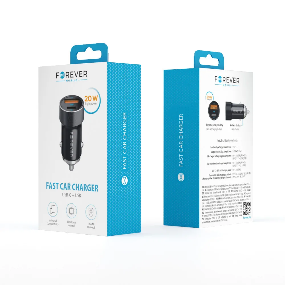 Forever CC-06 PD QC car charger 1x USB-C 1x USB 20W black