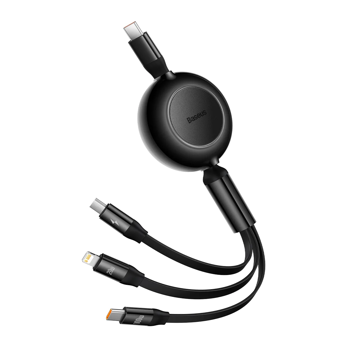 Baseus sladd Bright Mirror 2 3-i-1 USB – micro USB + Lightning + USB-C 1,1 m 100W svart upprullningsbar
