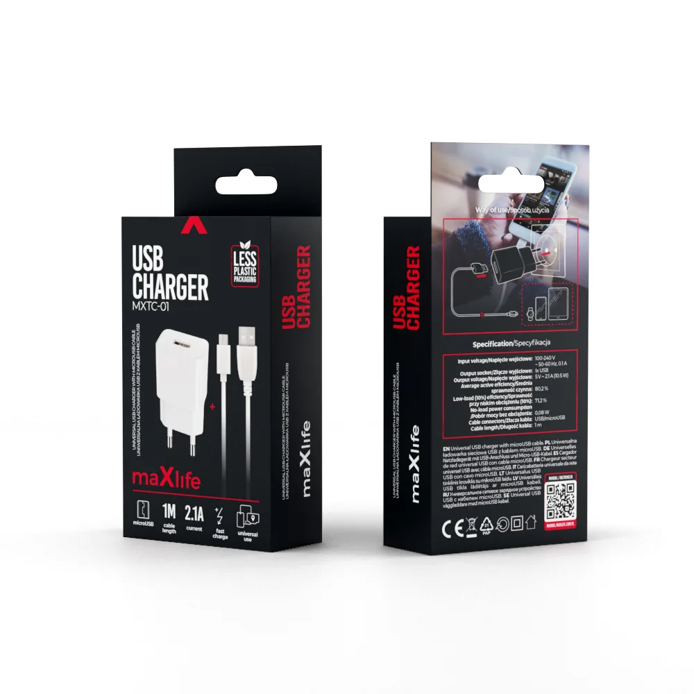 Maxlife MXTC-01 laddare 1x USB 2,1A vit + microUSB-kabel