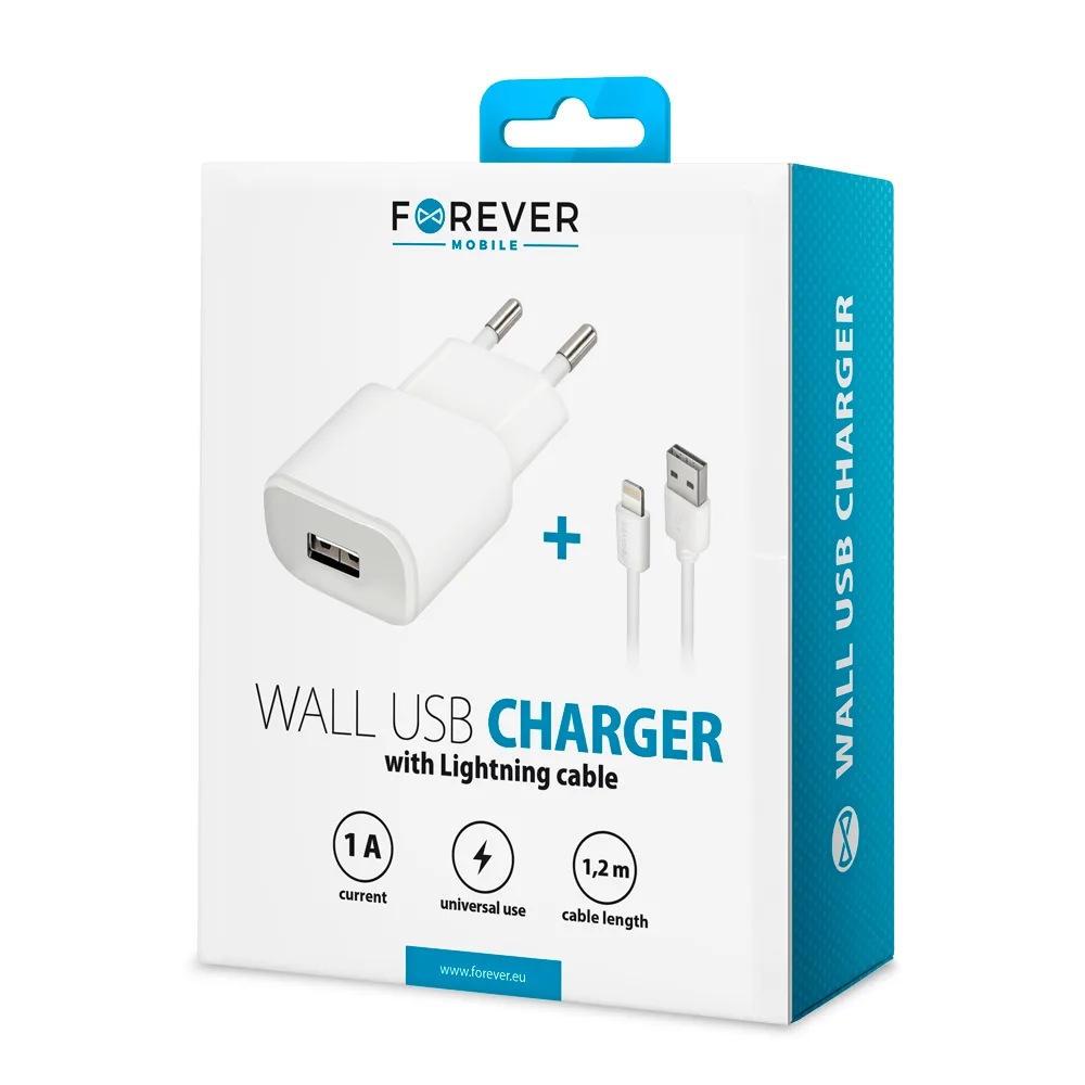 Forever TC-01 laddare 1x USB 1A vit + Lightning-kabel