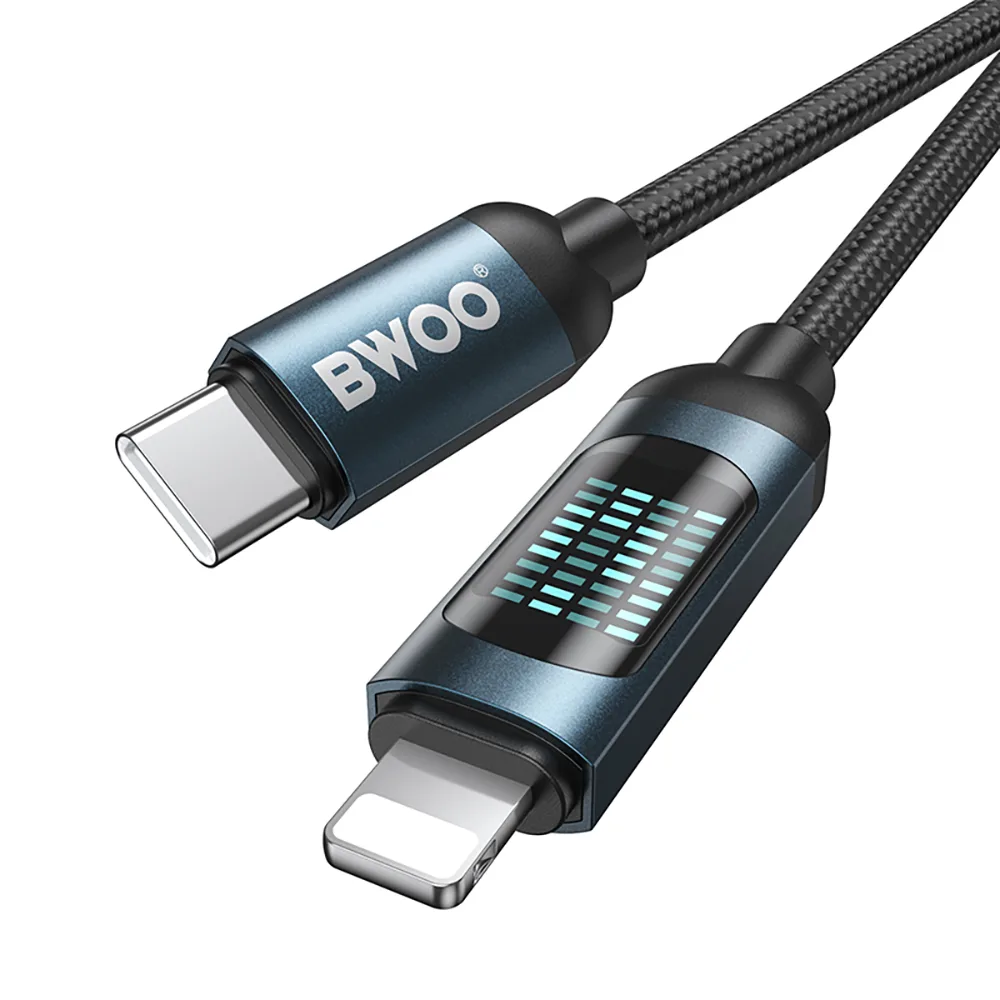 BWOO Flettad Kabel USB-C – Lightning 1m 27W med animerad belysning svart