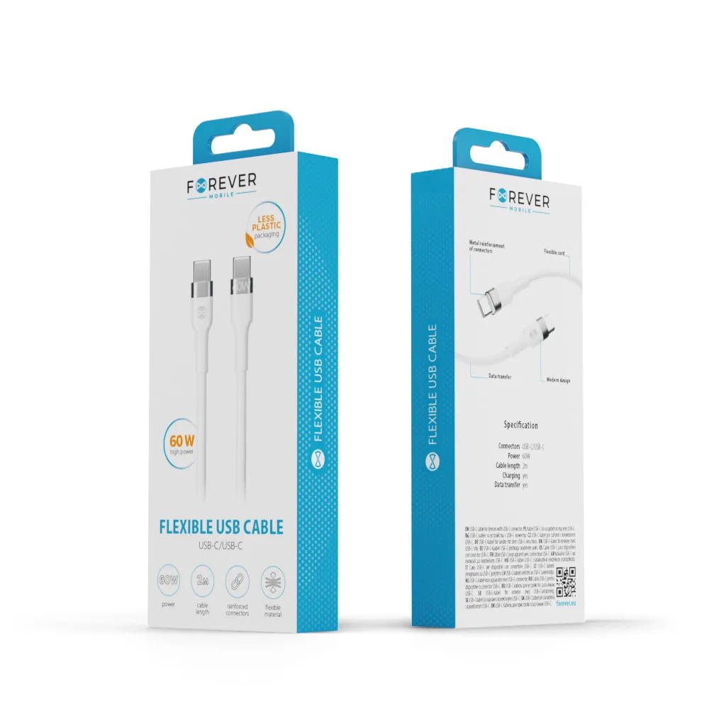 Forever Flexible cable USB-C – USB-C 2,0 m 60W white