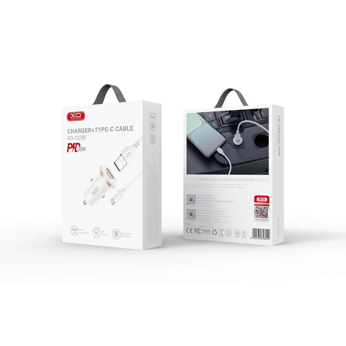 XO bil-laddare CC56 PD 30W QC 1x USB 1x USB-C vit + USB – USB-C-kabel