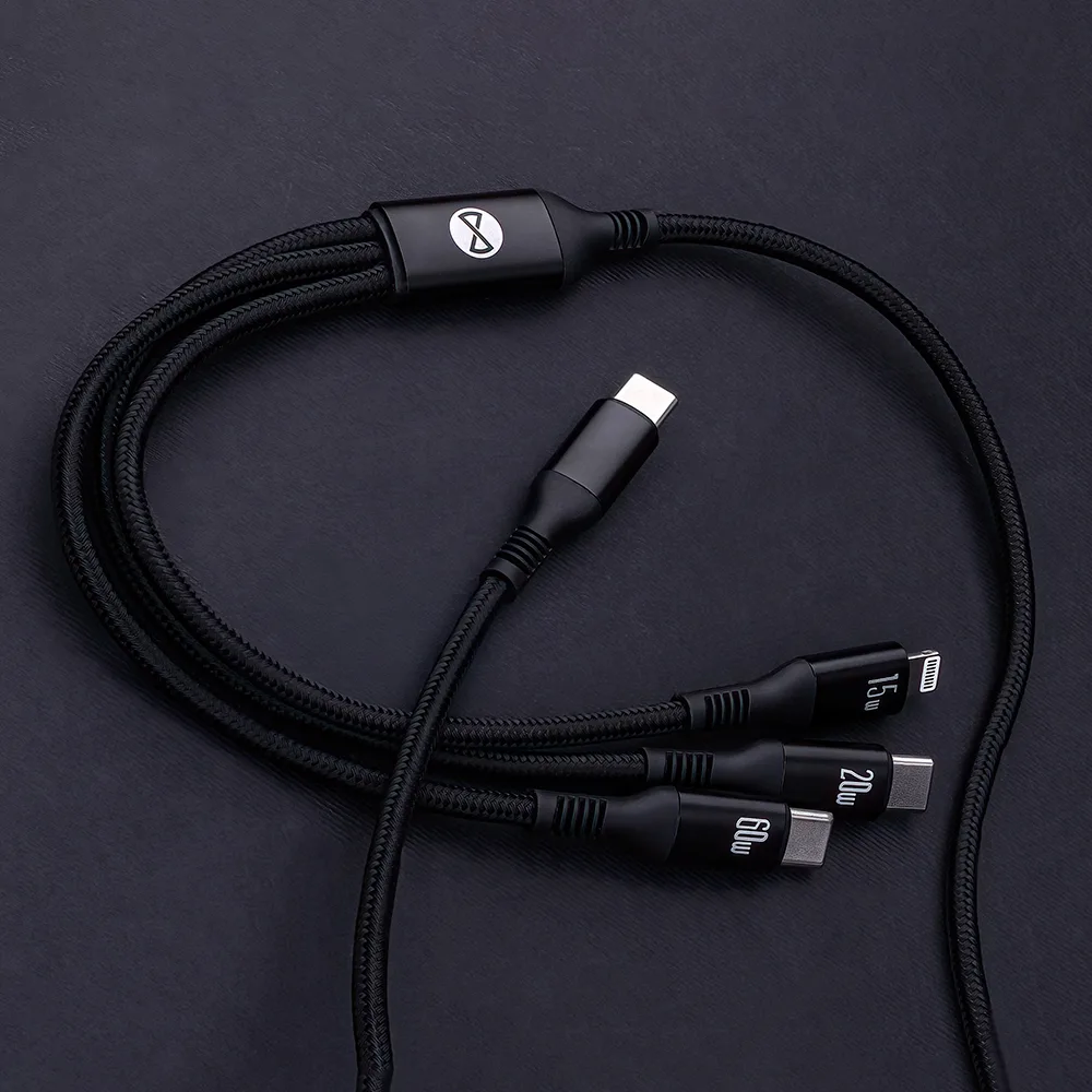 Forever 3in1-kabel USB-C – Lightning + 2x USB-C 1,2 m 60W svart
