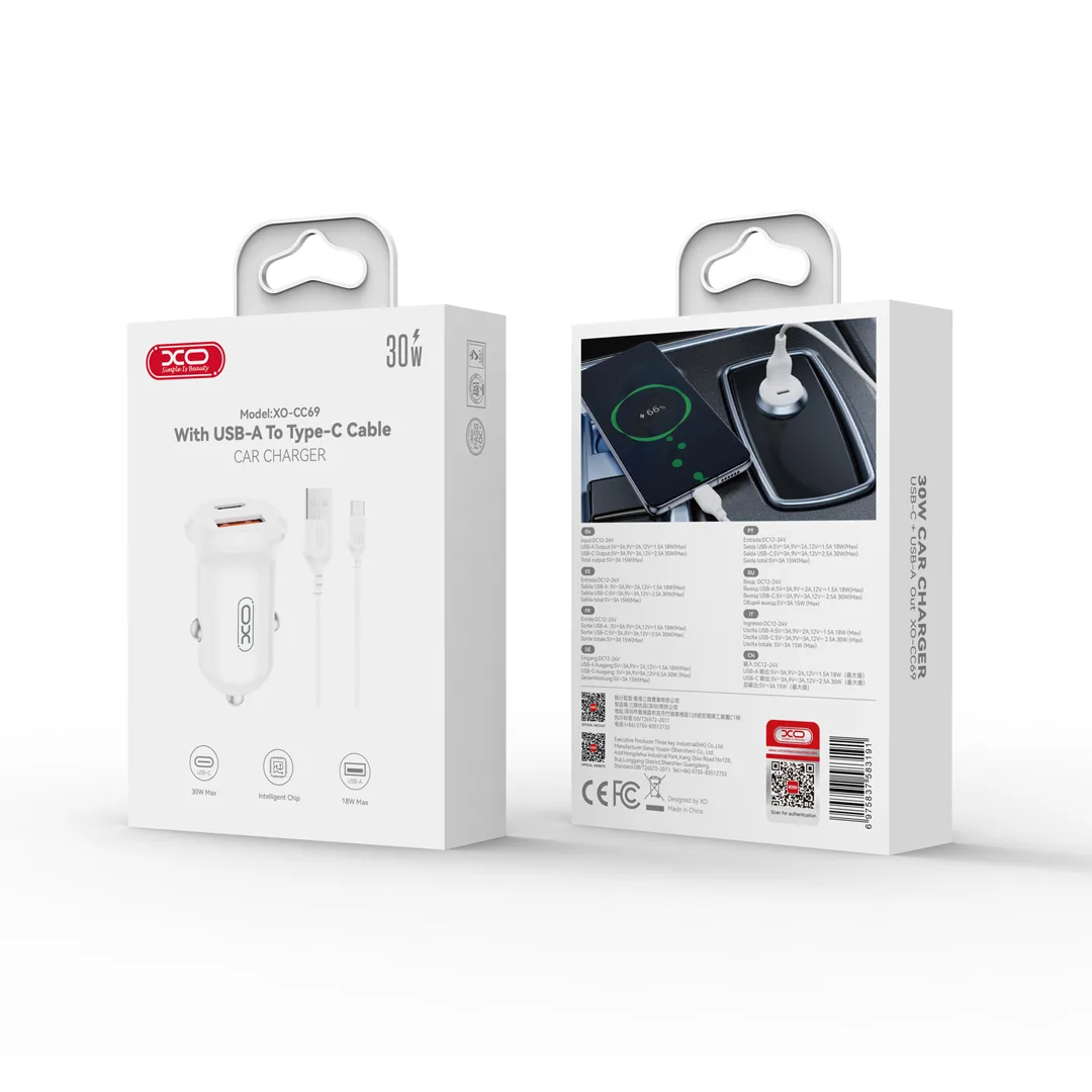 XO car charger CC69 PD 30W QC 1x USB 1x USB-C white + cable USB – USB-C