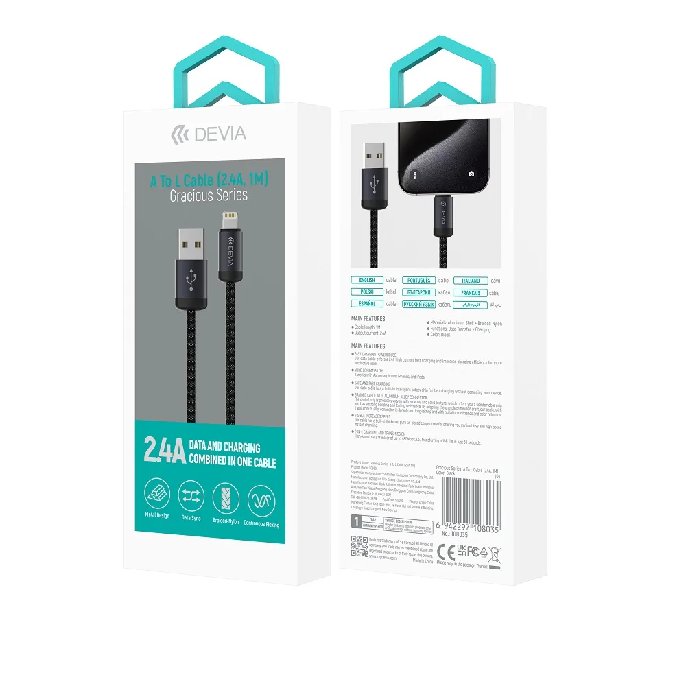 Devia cable Gracious EC650 USB – USB-C 1,0 m 2,4A black